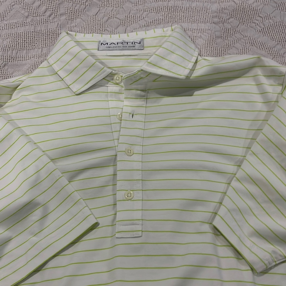 Martin Golf Shirt, Medium, White with Green Stripes